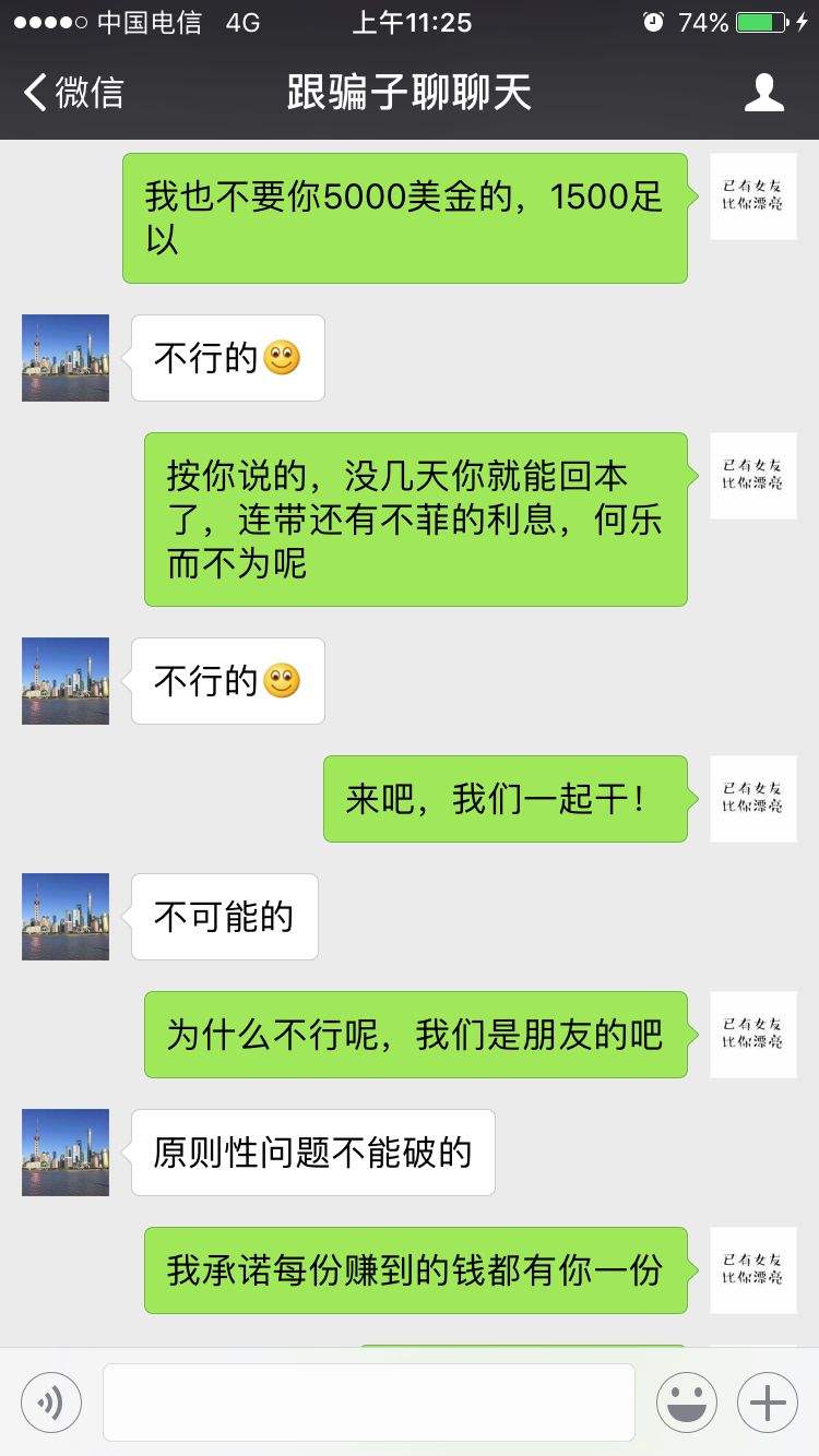 关于一女子与骗子的聊天记录的信息